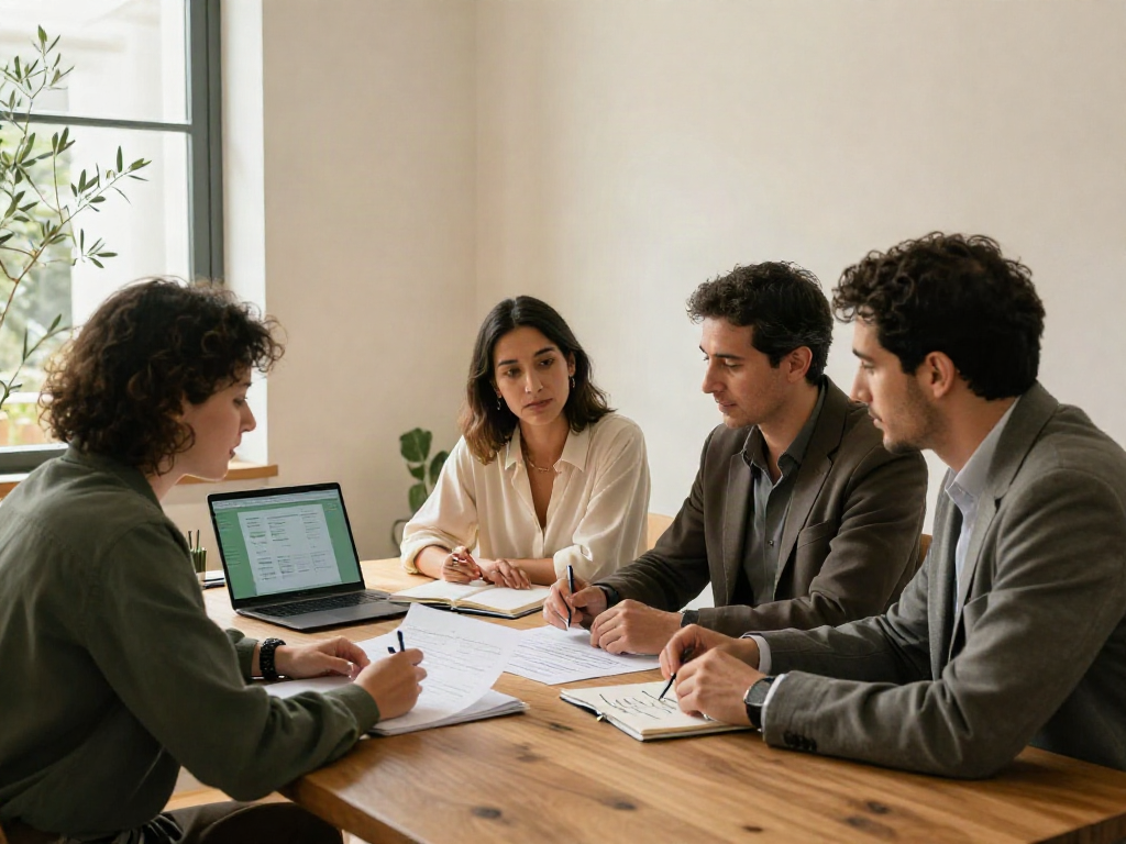 Business professionals collaborating over performance reports during a focused strategy review